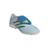 A light blue and white Adidas Predator soccer shoe with neon yellow accents and a blue fold-over tongue, shown in a 3/4 side view against a black background.