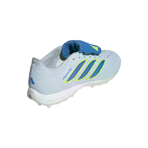 A light blue Adidas Predator soccer shoe with three blue stripes outlined in yellow and a prominent blue fold-over tongue, set against a black background.