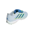 A light blue Adidas Predator soccer shoe with three blue stripes outlined in yellow and a prominent blue fold-over tongue, set against a black background.