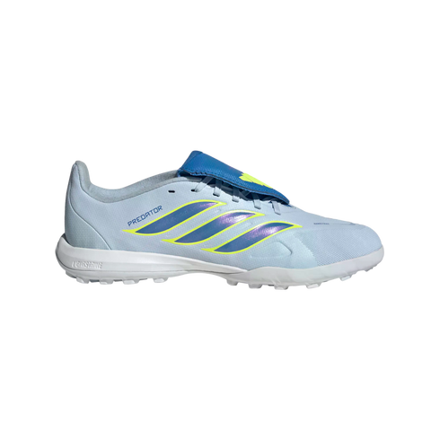 A side profile view of a light blue Adidas Predator turf football shoe against a solid black background. The shoe features three iridescent purple and blue stripes with neon yellow outlines, a white midsole with "Lightstrike" branding, and a blue fold-ove