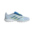A side profile view of a light blue Adidas Predator turf football shoe against a solid black background. The shoe features three iridescent purple and blue stripes with neon yellow outlines, a white midsole with "Lightstrike" branding, and a blue fold-ove