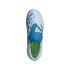 A top-down view of a light grey Adidas soccer cleat with blue and lime yellow accents. The shoe features blue geometric patterns on its sides, a blue tongue flap with yellow stripes, and a bright lime green insole.