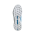 An overhead, centered, full shot of the bottom of a white and blue athletic shoe with white cleats, against a black background.