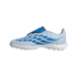 A side profile of a light blue and white low-top soccer shoe featuring dark blue geometric patterns on the side and a blue lace-cover flap, set against a solid black background.