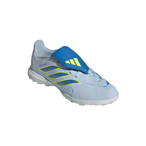 A light blue Adidas Predator turf soccer shoe with a bright blue lace cover and neon yellow accents, shown against a solid black background.