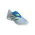 A light blue Adidas Predator turf soccer shoe with a bright blue lace cover and neon yellow accents, shown against a solid black background.
