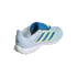 A light blue Adidas Predator turf soccer shoe shown from a three-quarter rear view, featuring dark blue stripes with neon yellow outlines and a blue fold-over tongue.
