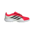 Side view of a white and pink Adidas Predator turf soccer shoe with three black stripes on a black background.