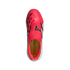 Top-down view of a vibrant pink and black Adidas Predator soccer cleat with a yellow insole, isolated against a solid black background.