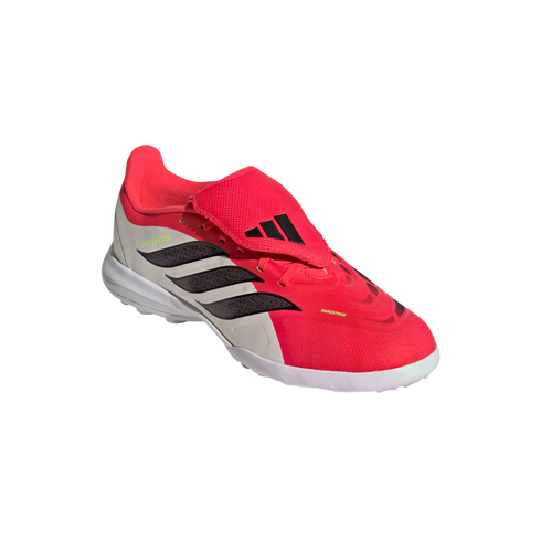 Adidas Predator soccer shoe in bright pink and white with a fold-over tongue and black stripes.
