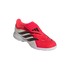 Adidas Predator soccer shoe in bright pink and white with a fold-over tongue and black stripes.