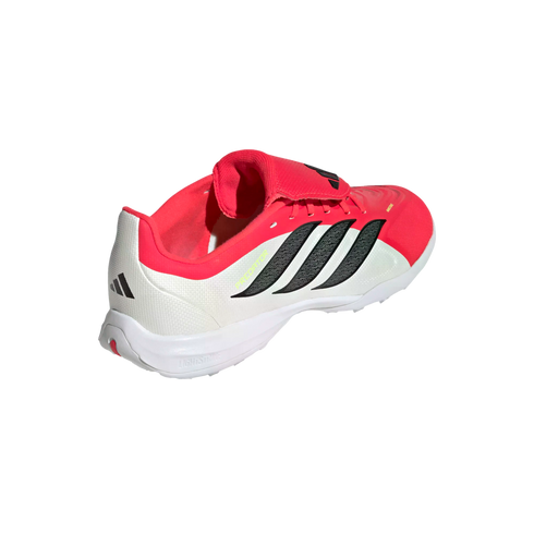 Rear-side view of an Adidas Predator soccer shoe in bright pink and white, featuring black iconic stripes and a white Lightstrike midsole.
