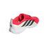 Rear-side view of an Adidas Predator soccer shoe in bright pink and white, featuring black iconic stripes and a white Lightstrike midsole.
