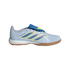 A side profile of a light blue Adidas Predator indoor soccer shoe featuring iridescent purple and yellow stripes, a blue fold-over tongue, and a gum-colored outsole against a black background.