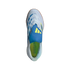A top-down view of a light gray Adidas Predator indoor soccer shoe featuring a blue tongue cover with yellow stripes, blue textured accents, and a lime green insole against a black background.