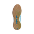 A gum-colored rubber sole of an Adidas Predator shoe with concentric circular tread patterns and blue inserts, shown against a solid black background.