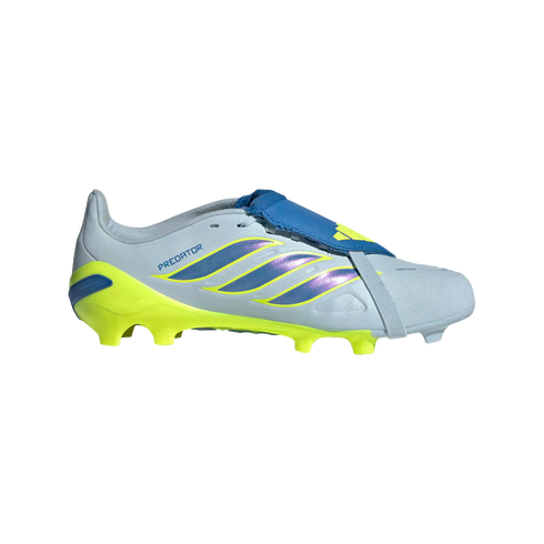 A lateral side view of an Adidas Predator soccer cleat against a black background. The shoe features a light gray upper with three iridescent blue-to-purple stripes, a vibrant neon yellow sole and heel counter, and a bright blue fold-over tongue secured b