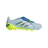 A lateral side view of an Adidas Predator soccer cleat against a black background. The shoe features a light gray upper with three iridescent blue-to-purple stripes, a vibrant neon yellow sole and heel counter, and a bright blue fold-over tongue secured b