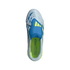 A top-down view of a light blue and royal blue Adidas Predator soccer cleat on a black background. The shoe features a blue lace shroud with yellow stripes and a bright yellow insole with the text "NEW RULES FOR NEW PREDATOR."