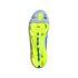 A top-down view of a soccer cleat's neon yellow and light blue soleplate against a black background, showing the stud configuration and a central blue "POWERSPINE" element.