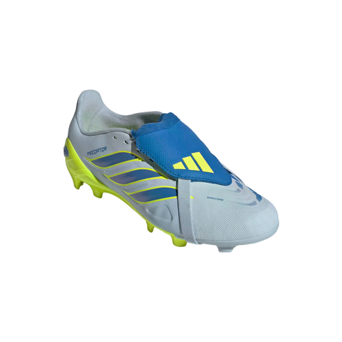 A side-profile view of a single Adidas Predator soccer cleat featuring a light grey upper, blue and yellow diagonal stripes, a bright yellow sole, and a blue fold-over tongue with a yellow logo, all set against a black background.