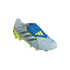A side-profile view of a single Adidas Predator soccer cleat featuring a light grey upper, blue and yellow diagonal stripes, a bright yellow sole, and a blue fold-over tongue with a yellow logo, all set against a black background.