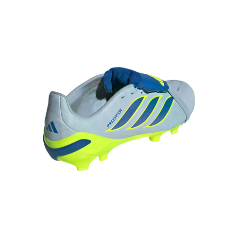 A rear-lateral view of a light blue Adidas Predator soccer cleat with yellow and dark blue accents on a black background. The shoe features three blue stripes, "PREDATOR" text on the side, and a blue fold-over tongue with a bright yellow soleplate and hee