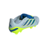 A rear-lateral view of a light blue Adidas Predator soccer cleat with yellow and dark blue accents on a black background. The shoe features three blue stripes, "PREDATOR" text on the side, and a blue fold-over tongue with a bright yellow soleplate and hee