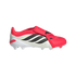 A side view of a red and white Adidas Predator soccer cleat featuring black stripes, a fold-over tongue with a strap, and a white studded outsole.