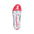 Sole of a white and red Adidas soccer cleat, showing its stud pattern and red Powerfacet elements along the center and toe against a black background.