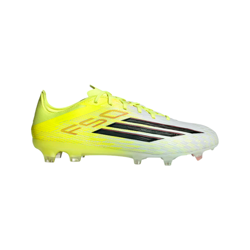 Side profile of a neon yellow and white Adidas soccer cleat with black stripes and translucent studs, isolated against a black background.