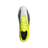 Top-down view of a white and neon yellow Adidas soccer cleat with bright yellow laces on a black background.