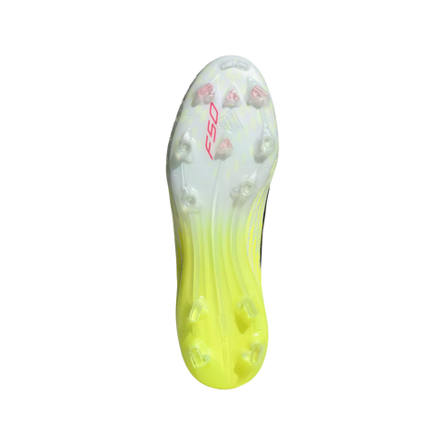 Underside of a soccer boot with a white and neon yellow soleplate, red 'F50' branding, and translucent studs against a black background.