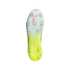 Underside of a soccer boot with a white and neon yellow soleplate, red 'F50' branding, and translucent studs against a black background.