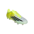 A neon yellow and white Adidas F50 football boot with black stripes, shown from a side angle against a black background.