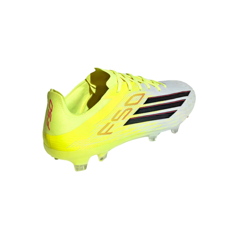 A neon yellow and white F50 soccer cleat with black and pink stripes, shown from a side-rear angle against a black background.