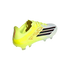 A neon yellow and white F50 soccer cleat with black and pink stripes, shown from a side-rear angle against a black background.
