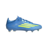A side profile of a light blue soccer cleat with neon yellow diagonal stripes on a solid black background.