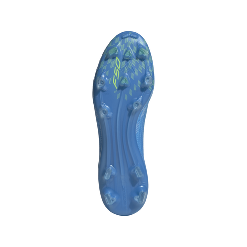 A light blue soccer cleat soleplate with translucent studs and a lime green "F50" logo, shown against a solid black background.