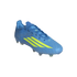 A bright blue, low-cut Adidas F50 soccer cleat with neon yellow stripes and matching blue laces, shown at an angle against a black background.