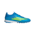 A side profile of a vibrant blue Adidas soccer turf shoe with three neon yellow stripes on a solid black background.