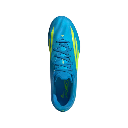 A top-down view of a bright blue Adidas F50 soccer cleat with neon yellow accents and matching blue laces, centered against a solid black background.