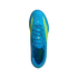 A top-down view of a bright blue Adidas F50 soccer cleat with neon yellow accents and matching blue laces, centered against a solid black background.