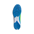 The bottom view of a blue and white Adidas turf soccer shoe features a blue outsole with many small, pointed rubber studs, a white midfoot section, and a black background.