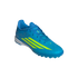 A bright blue Adidas F50 soccer cleat with lime green stripes, featuring blue laces and a studded sole, set against a solid black background.