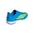 A rear three-quarter view of a bright blue Adidas F50 turf soccer shoe with neon yellow stripes and a white midsole.