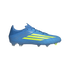 A side view of a bright blue Adidas soccer cleat with three tapering neon yellow stripes and a textured upper, set against a black background.