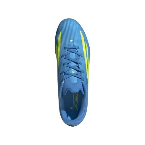A top-down view of a light blue Adidas F50 soccer cleat with bright yellow accents on a black background.
