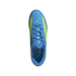 A top-down view of a light blue Adidas F50 soccer cleat with bright yellow accents on a black background.