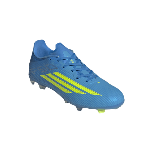 A blue Adidas F50 soccer cleat with three neon yellow stripes on the side, shown from a three-quarter angle against a black background.